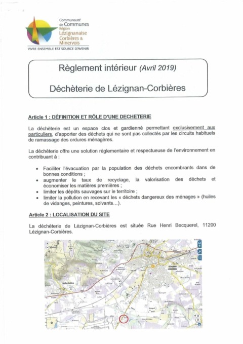 Règlement déchèterie Lézignan-Corbières Nord