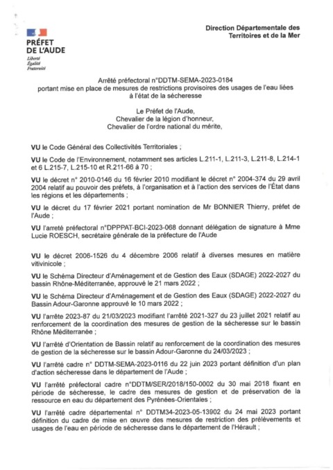 Arrêté préfectoral – restriction provisoire des usages de l’eau Arrêté préfectoral – restriction provisoire des usages de l’eau