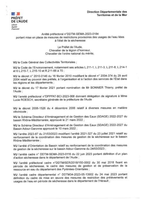 Arrêté préfectoral - restriction provisoire des usages de l'eau