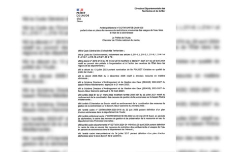 Arrêté préfectoral – mesures de restriction provisoire des usages de l’eau – 25 octobre 2024