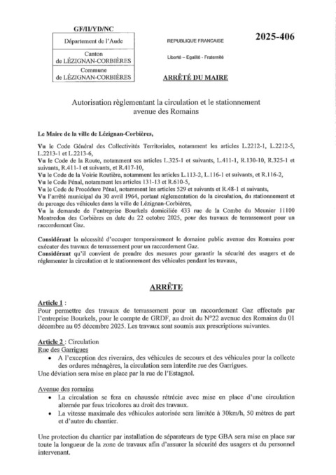 Arrêté de la mairie de Lézignan – travaux rue des Romains Arrêté de la mairie de Lézignan – travaux rue des Romains