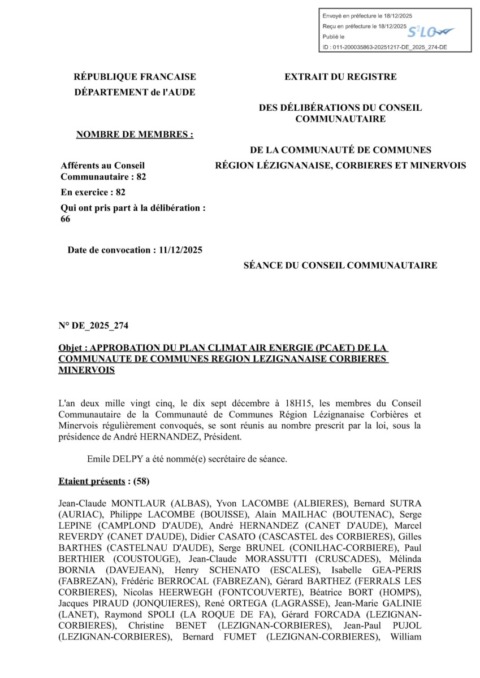 APPROBATION DU PLAN CLIMAT AIR ENERGIE (PCAET) DE LA COMMUNAUTE DE COMMUNES REGION LEZIGNANAISE CORBIERES MINERVOIS APPROBATION DU PLAN CLIMAT AIR ENERGIE (PCAET) DE LA COMMUNAUTE DE COMMUNES REGION LEZIGNANAISE CORBIERES MINERVOIS