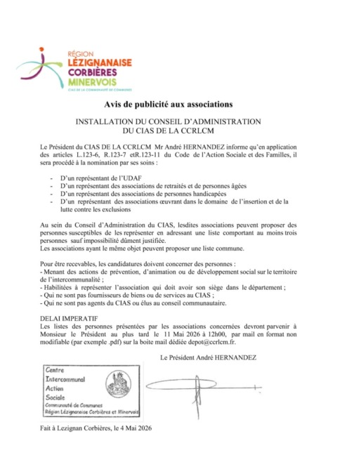 Avis de publicité aux associations Avis de publicité aux associations