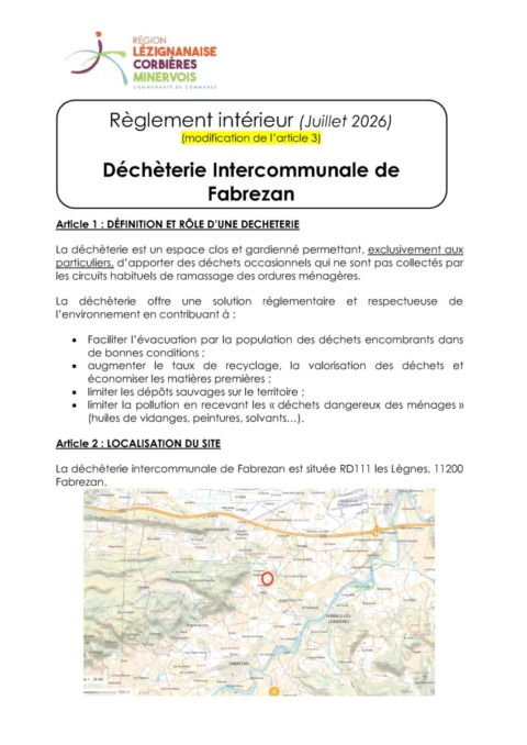 Règlement déchèterie Fabrezan Règlement déchèterie Fabrezan