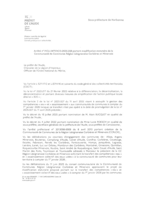 Arrêté n° MCLI-INTERCO-2025-258 portant modification statutaire de la Communauté de Communes Région Lézignanaise Corbières et Minervois Arrêté n° MCLI-INTERCO-2025-258 portant modification statutaire de la Communauté de Communes Région Lézignanaise Corbières et Minervois
